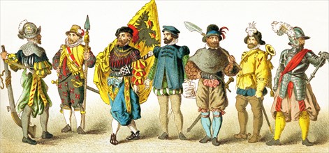 The figures in this illustration show Germans between 1550 and 1600. They are, from left to right: