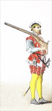 The figure pictured here represents an English soldier between 1500 and 1550. The illustration