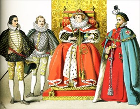 The figures here represent English nobles and royals between 1550 and 1600. From left to right,