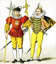 The two figures in this image are English guards from the period A.D. 1550 to 1600. They are