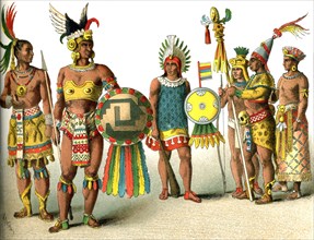 This illustration shows Mexicans around A.D. 1500. From left to right are: a high-ranking man, a