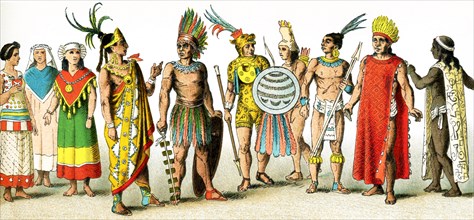 The figures pictured in this illustration show Mexican dress around A.D. 1500, from left to right,