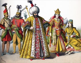 These figures represent Turks in the Ottoman Empire in 1500. They are, from left to right: a guard,