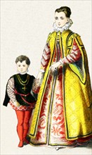 The figures pictured here represent an Italian noble lady and her son around 1500 A.D. The