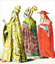 The figures pictured here represent Italians around 1500 A.D. They are from left to right: Pope