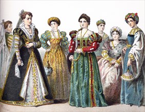 This illustration, which dates to 1882, shows Italian women. The two at left date to 1550-1600. The