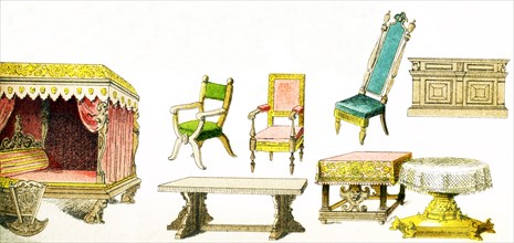 Shown here are pieces of European furniture from approximately the year 1500. The illustration