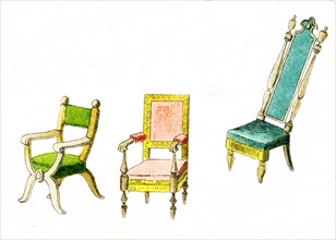 Shown here are three European chairs from approximately the year 1500. The illustration dates to