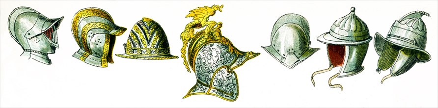 Shown here are seven European helmets from approximately the year 1500. The illustration dates to