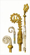 Shown in this image are a variety of croziers related to the Christian Church. They are, from left