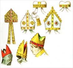 Shown in this image are a variety of Christian mitres. They are, from left to right, top to bottom: