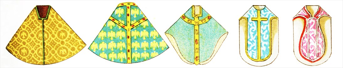 Shown in this image are a variety of ecclesiastical costumes related to the Christian Church. They