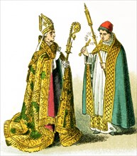 The images here all feature ecclesiastical Costume. They are from left to right:the Pluvial or