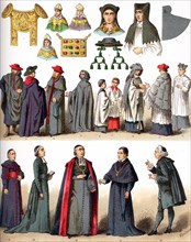 The illustrations shown here depict ecclesiastical costumes. They are, by row, from left to right,