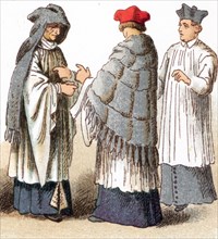 The illustrations shown here depict the ecclesiastical costumes of a Canon wearing a cope and amess