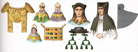 The illustrations shown here depict ecclesiastical costumes. They are, by row, from left to right,