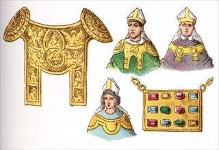 The illustrations shown here depict ecclesiastical costumes. They are, by row, from left to right,