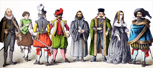 The figures represented here are all Germans in the 1600s. From left to right, they are: four man