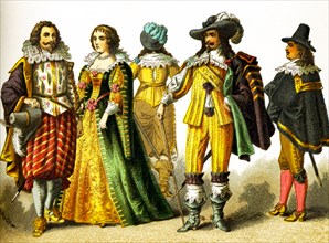 The figures here represent French people in the 1600s. They are, from left to right: a cavalier, a