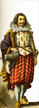 The figure here represents a French cavalier in the 1600s. This illustration dates to 1882.