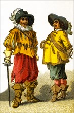 The figures here represent French cavaliers in the 1600s. This illustration dates to 1882.
