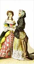 The figures represented here are French ladies of rank around 1600. The illustration dates to 1882.