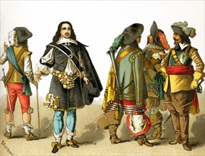 The men in this illustration wear the clothes worn in the Netherlands around 1600. The figures