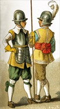 The dress of the Netherlands soldiers shown in this illustration is from 1600. This illustration