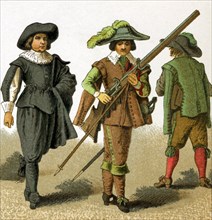 The dress of the Netherlands men shown in this illustration is from 1600. The figures represent,