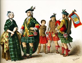 This illustration dating to 1882 shows five Scottish figures around 1700, from left to right: Lady