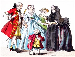 Pictured here are Scottish nobles and a commoner around 1700. They are, from left to right: a man