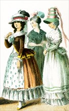 Shown here are French women between 1750 and 1800. They are from left to right: two ladies in 1785