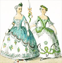 Shown here are two French women between 1750 and 1800. They are from left to right: two costumes of