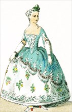 Shown here is a French woman dressed in a costume for a ball between 1750 and 1800. This