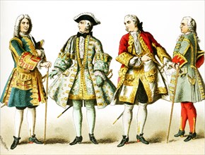 The figures represented here are French people from 1700 to 1750 A.D. They are, from left to right: