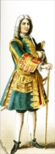 The figure represented here is a French men of rank from 1700 to 1750 A.D. The illustration dates