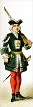 The figure represented here is a French palace guard from 1700 to 1750 A.D. The illustration dates