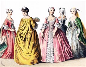 The figures illustrated here represent French ladies of rank‚Äîupper class women‚Äîbetween 1700 and