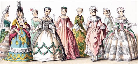 The figures illustrated here represent French ladies of rank‚Äîupper class women‚Äîbetween 1700 and