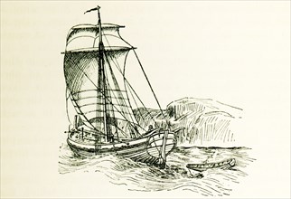 This illustration of a Norwegian Jaegt dates to the 1890s. The vessel has a single mast, a square