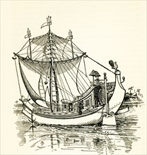 This illustration of a Burmese junk dates to the 1890s. Note the A-shaped mast, the squaresail, the