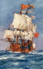 This illustration of a 17th-century English warship under full sail is an adaptation of a similar