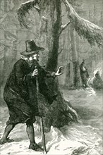 This 1890s illustration shows Roger Williams (1603-1683) seeking refuge among the Indians. Williams
