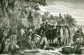 This illustration shows William Penn's treaty with Indians. William Penn (1644-1718) founded the