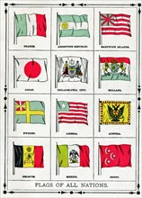 The flags shown in this illustration from 1896 are from left to right top to bottom: France,