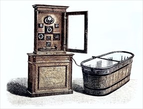 Hydroelectric bath with battery cabinet and current regulating apparatus.