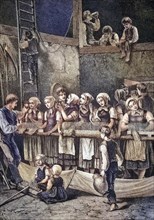 Women working flax in the Vogel Mountains.