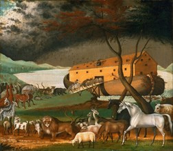 Noah's Ark with the animals entering the boat in pairs, after a painting by Edward Hicks, an