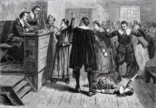 Witch trial, the accused witch has fainted in the courtroom, c. 1800, France, Historic, digitally
