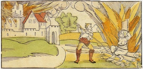 Leaflet showing the burning of an alleged witch who is said to have burned the town of Schiltach